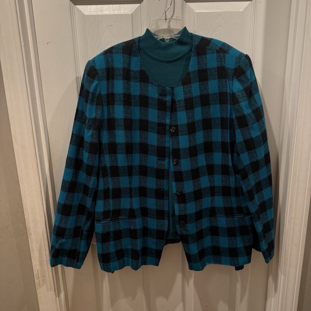 VTG Joan Leslie 2 pc Blazer & Sweater Set Teal Black Plaid Jacket Plus Size 18 - Picture 2 of 12